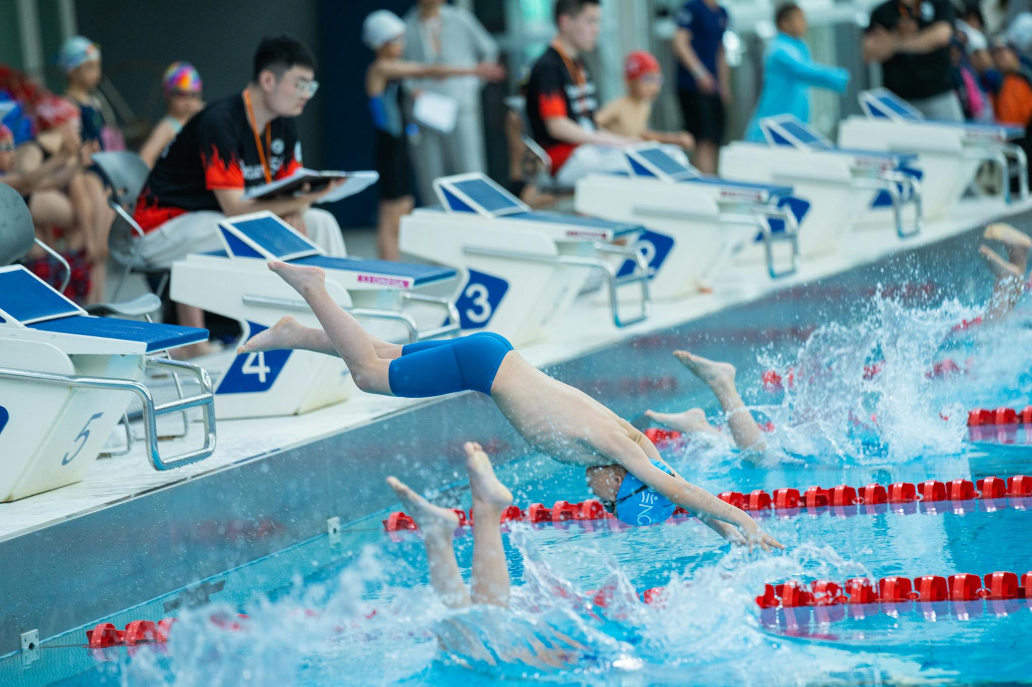 Young swimmers dive into a pool at the start of a competitive race, showcasing athletic prowess and teamwork.